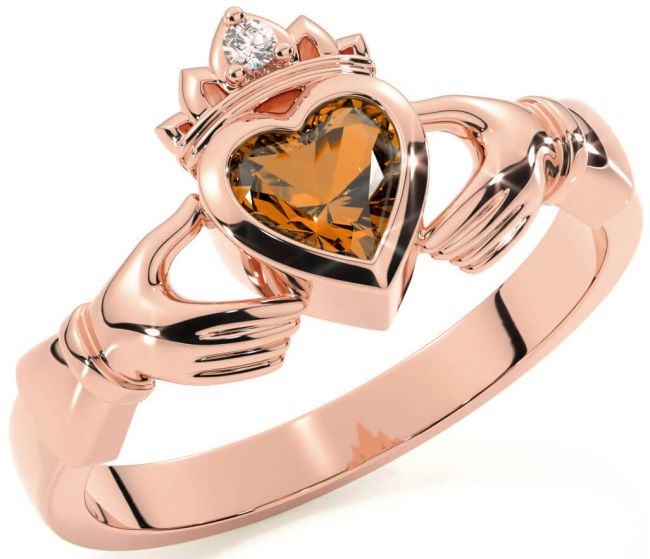 Diamond Citrine Rose Gold Silver Claddagh Ring