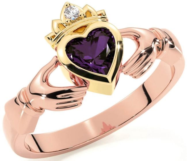 Diamond Alexandrite Rose Yellow Gold & Silver Claddagh Ring