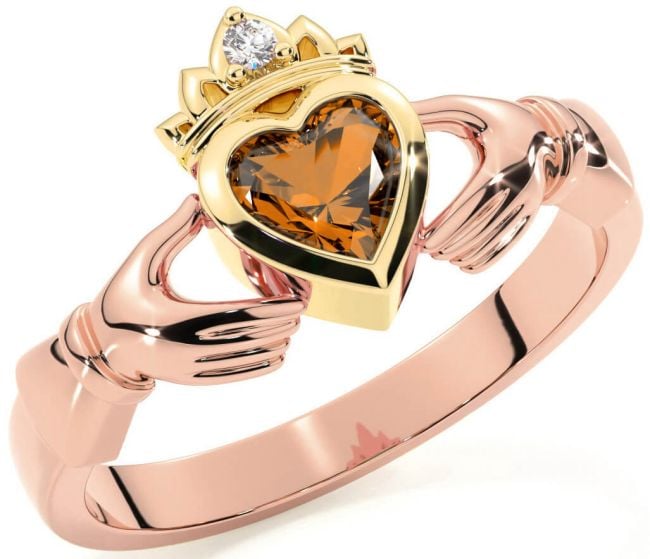 Diamond Citrine Rose Yellow Gold & Silver Claddagh Ring