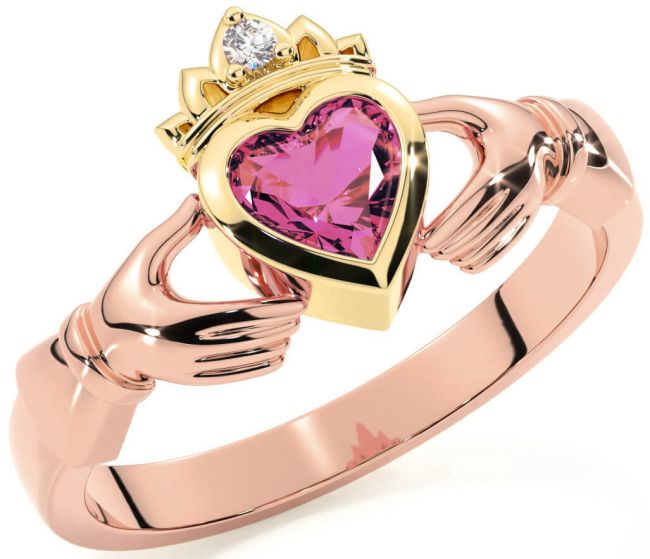 Diamond Pink Tourmaline Rose Yellow Gold & Silver Claddagh Ring