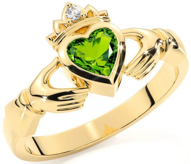 Diamond Peridot Gold Silver Claddagh Ring