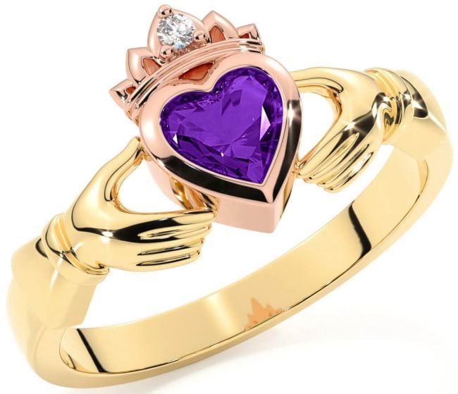 Diamond Amethyst Rose Yellow Gold & Silver Claddagh Ring