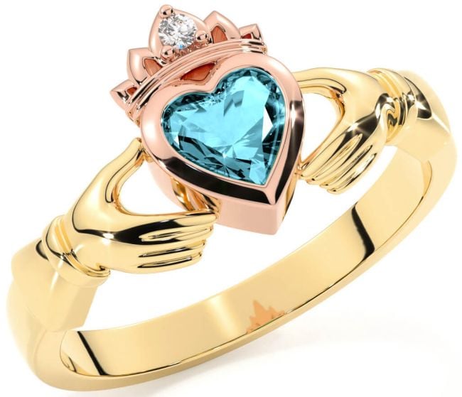 Diamond Aquamarine Rose Yellow Gold & Silver Claddagh Ring