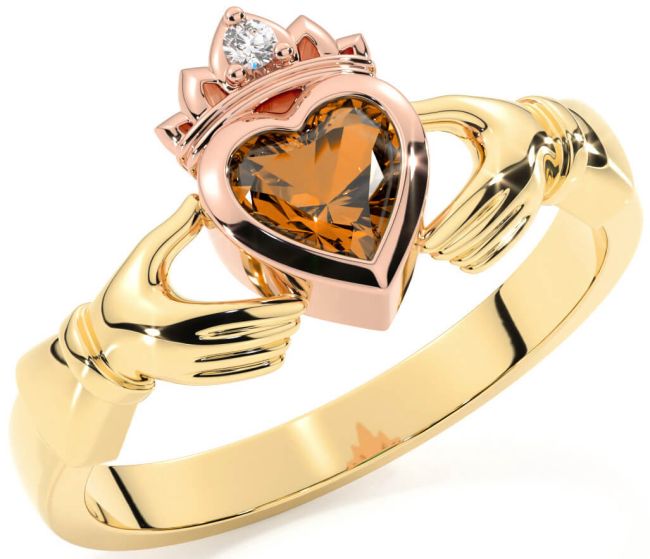 Diamond Citrine Rose Yellow Gold & Silver Claddagh Ring