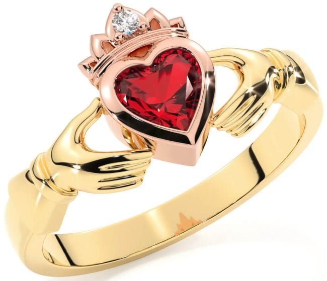 Diamond Ruby Rose Yellow Gold & Silver Claddagh Ring