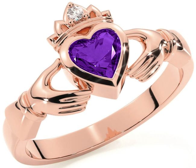 Diamond Amethyst Rose Gold Claddagh Ring