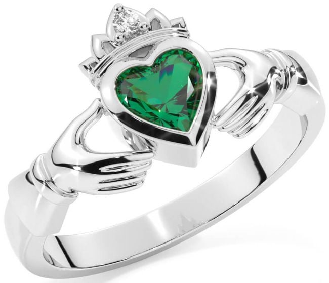 Diamond Emerald Silver Claddagh Ring