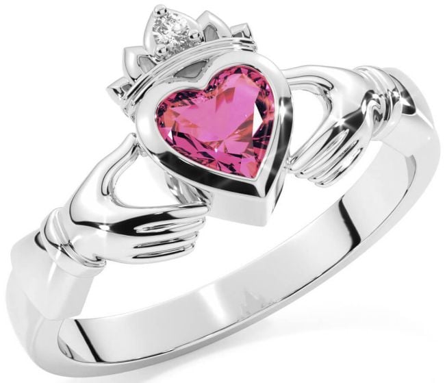 Diamond Pink Tourmaline Silver Claddagh Ring