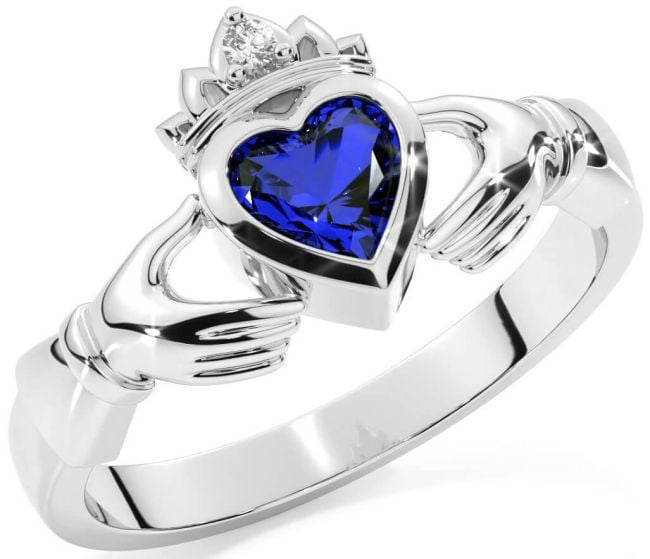 Diamond Sapphire Silver Claddagh Ring