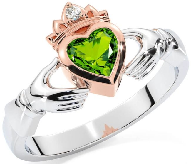 Diamond Peridot Rose Gold Silver Claddagh Ring