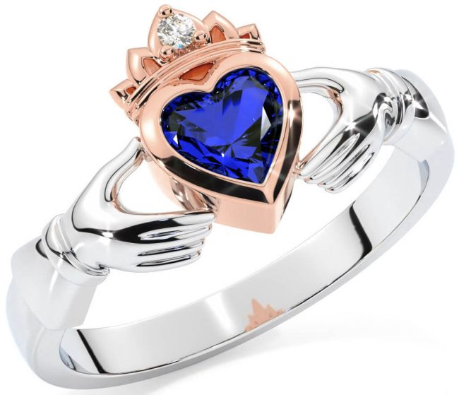 Diamond Sapphire Rose Gold Silver Claddagh Ring