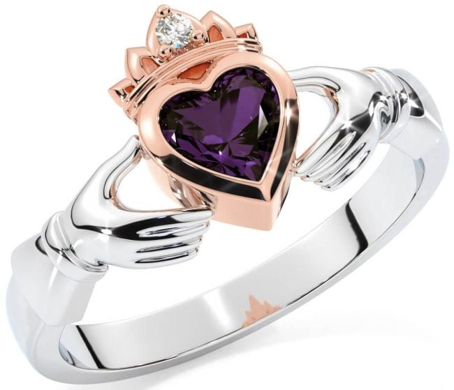 Diamond Alexandrite White Rose Gold Claddagh Ring