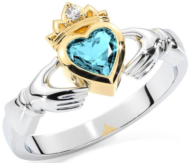 Diamond Aquamarine White Yellow Gold Claddagh Ring