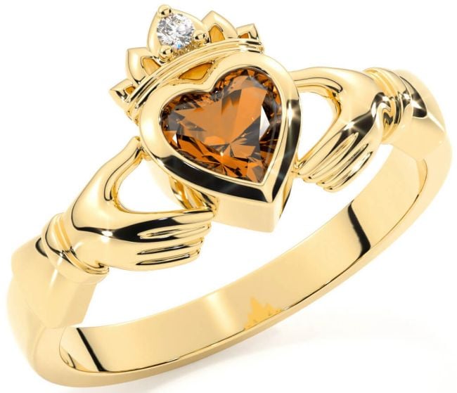 Diamond Citrine Gold Claddagh Ring