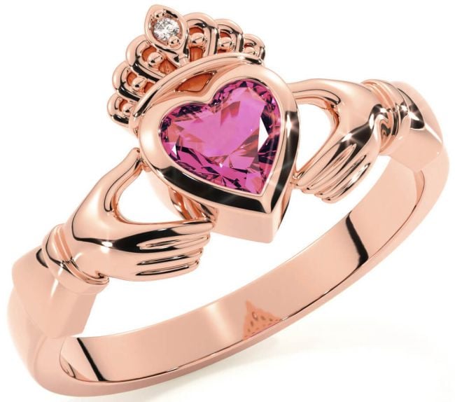 Diamond Pink Tourmaline Rose Gold Silver Claddagh Ring