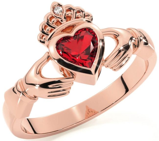 Diamond Ruby Rose Gold Silver Claddagh Ring