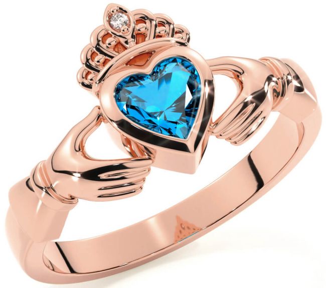 Diamond Topaz Rose Gold Silver Claddagh Ring