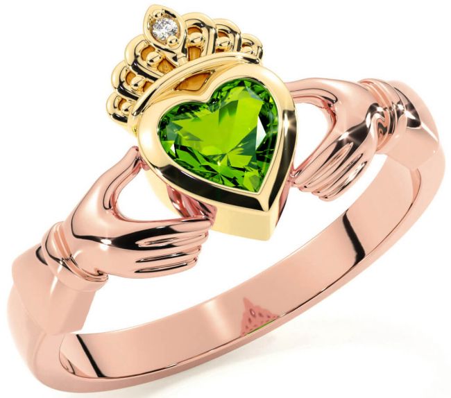 Diamond Peridot Rose Yellow Gold & Silver Claddagh Ring