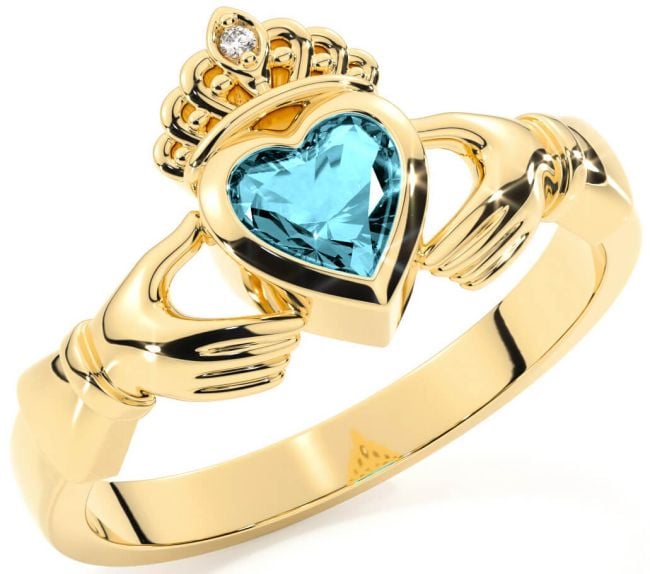 Diamond Aquamarine Gold Silver Claddagh Ring