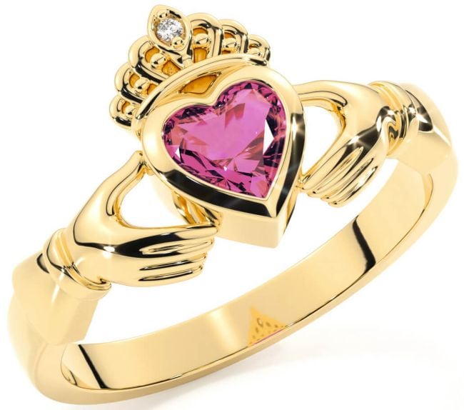 Diamond Pink Tourmaline Gold Silver Claddagh Ring