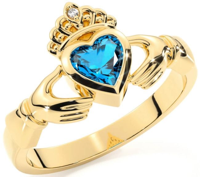 Diamond Topaz Gold Silver Claddagh Ring