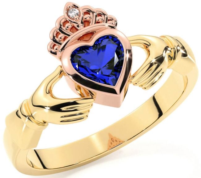 Diamond Sapphire Rose Yellow Gold & Silver Claddagh Ring