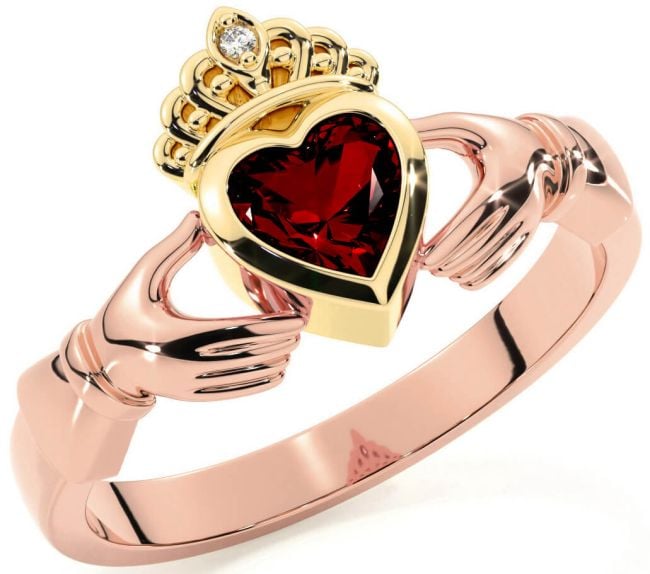 Diamond Garnet Rose Yellow Gold Claddagh Ring