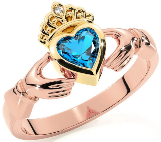 Diamond Topaz Rose Yellow Gold Claddagh Ring