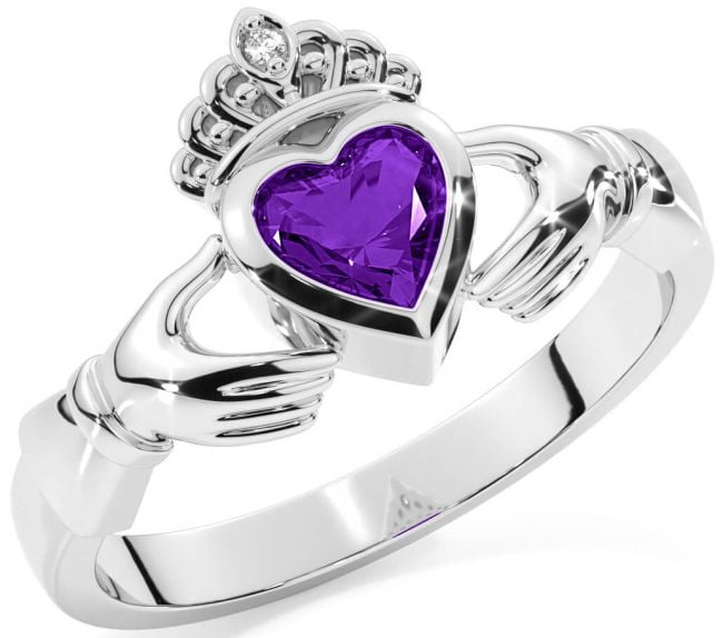 Diamond Amethyst Silver Claddagh Ring