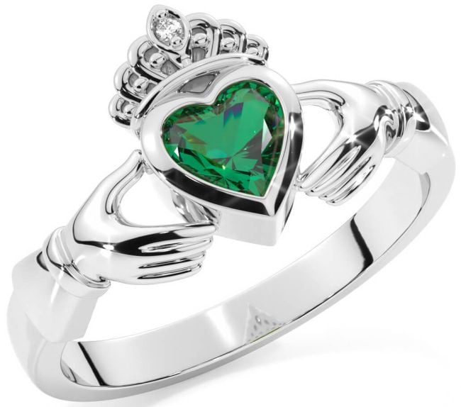 Diamond Emerald Silver Claddagh Ring