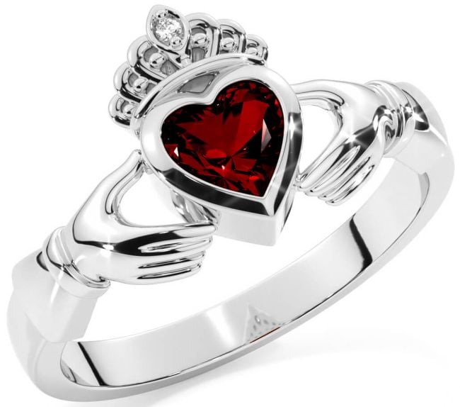 Diamond Garnet Silver Claddagh Ring