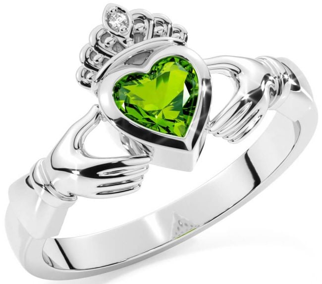 Diamond Peridot Silver Claddagh Ring