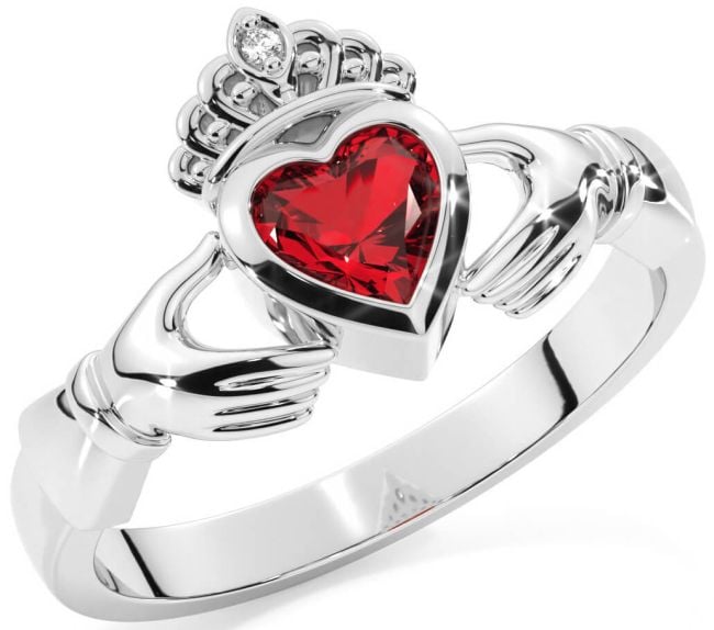 Diamond Ruby Silver Claddagh Ring