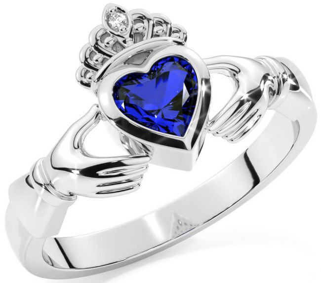 Diamond Sapphire Silver Claddagh Ring