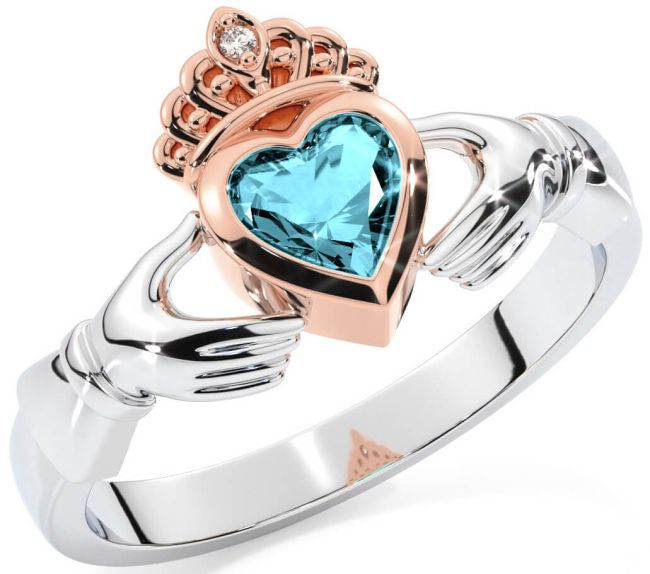 Diamante Água Marinha Rosa Ouro Prata Claddagh Anel