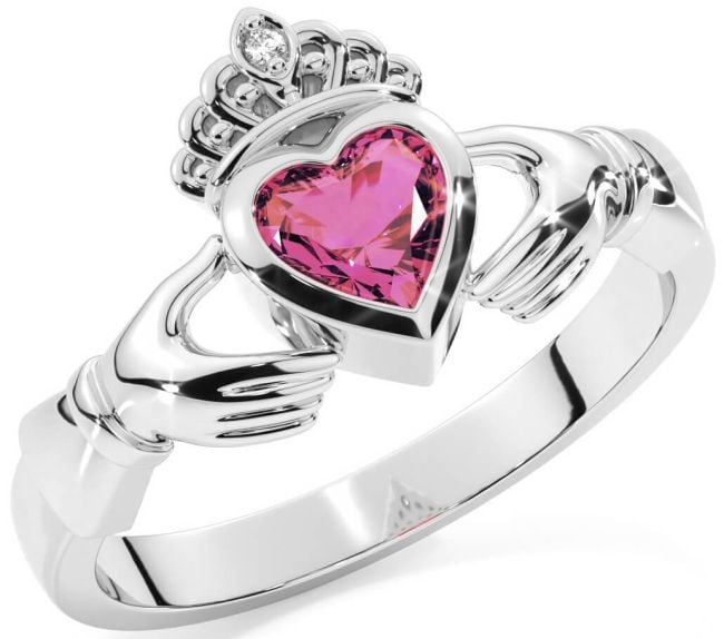 Diamond Pink Tourmaline White Gold Claddagh Ring