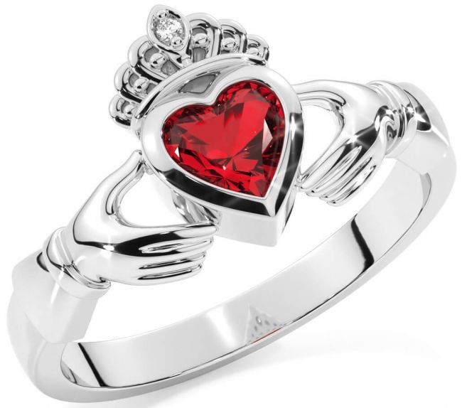 Diamond Ruby White Gold Claddagh Ring