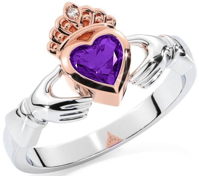 Diamond Amethyst White Rose Gold Claddagh Ring