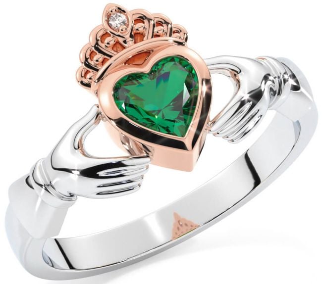 Diamond Emerald White Rose Gold Claddagh Ring