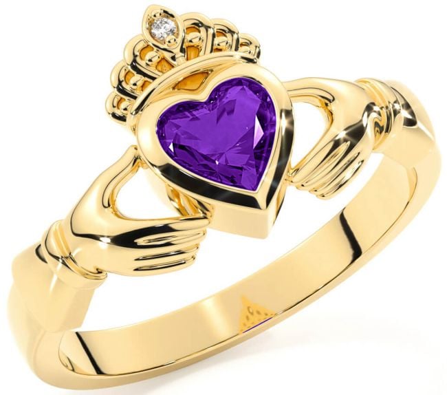 Diamond Amethyst Gold Claddagh Ring