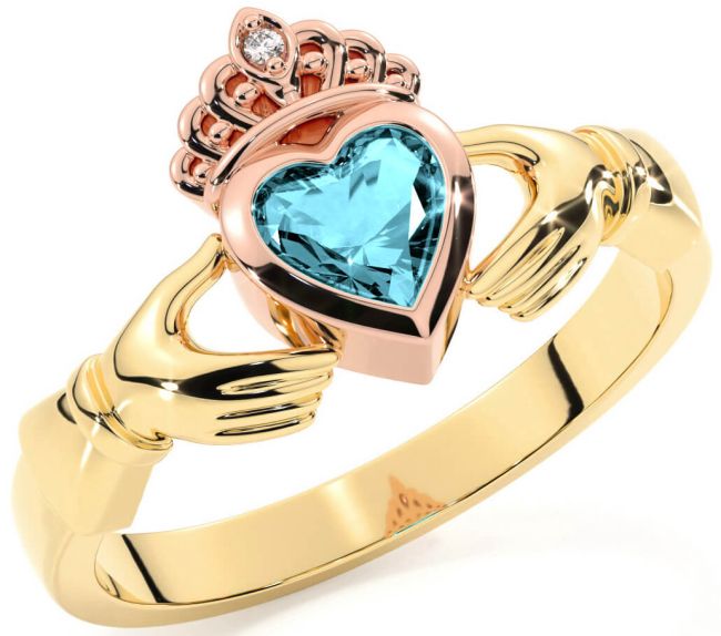 Diamond Aquamarine Rose Yellow Gold Claddagh Ring