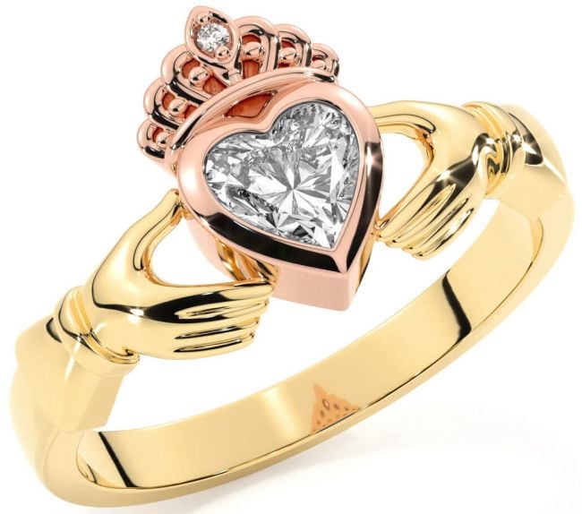 Diamond Rose Yellow Gold Claddagh Ring