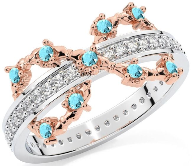 Aquamarine Rose Gold Silver Infinity Claddagh Ring