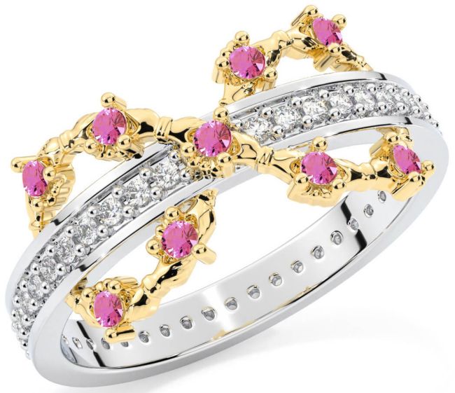 Pink Tourmaline Gold Silver Infinity Claddagh Ring