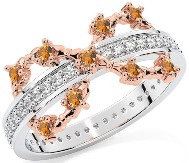 Citrine White Rose Gold Infinity Claddagh Ring