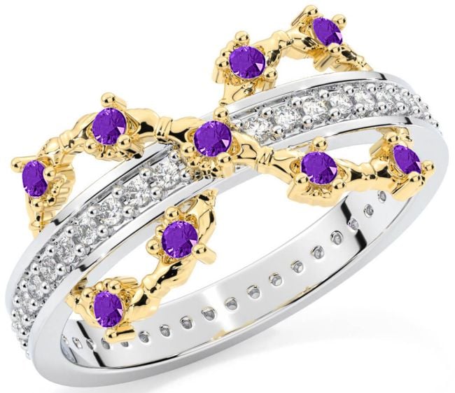 Amethyst White Yellow Gold Infinity Claddagh Ring