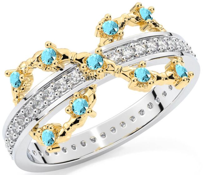 Aquamarine White Yellow Gold Infinity Claddagh Ring