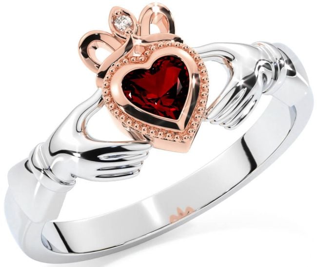 Diamond Garnet Rose Gold Silver Claddagh Ring