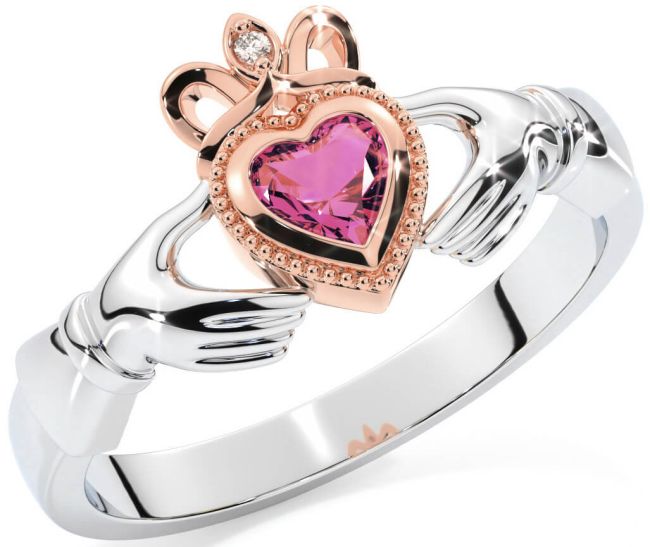 Diamond Pink Tourmaline Rose Gold Silver Claddagh Ring