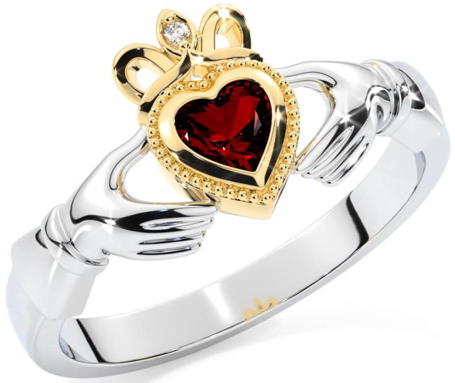 Diamond Garnet Gold Silver Claddagh Ring